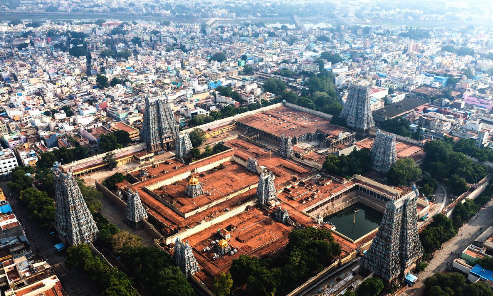 Meenakshi Amman Temple in Madurai with colorful gopurams and large temple complex